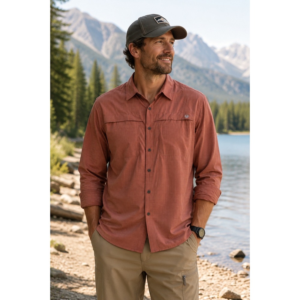 Wrangler Outdoor Shirt Small Rust Micro Check Performance‎ Fishing Hiking Vented